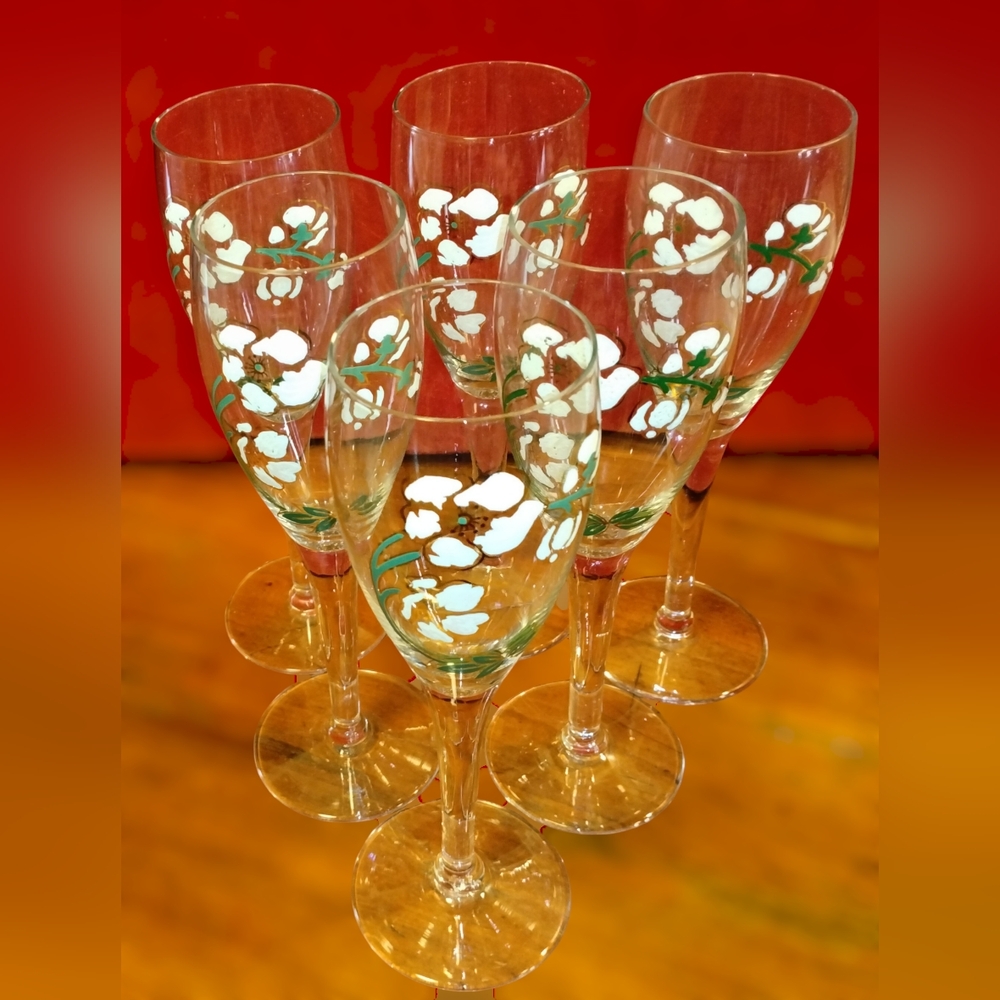 6 Vintage Perrier Jouet Handpainted Belle Epoque Cherry Blossom Champagne Flutes